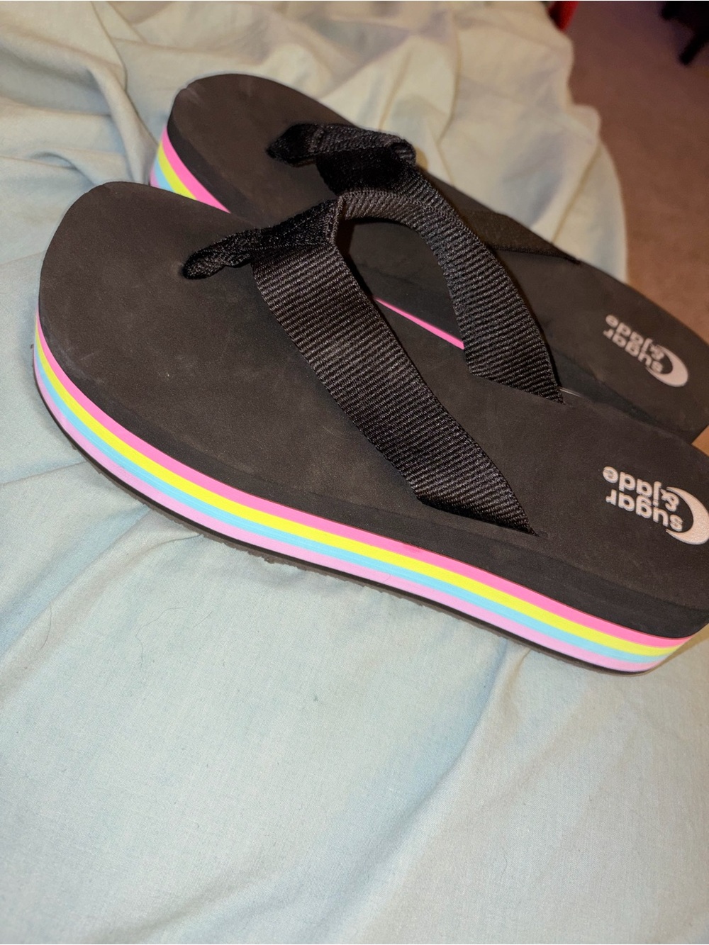 Women’s Black Flip-Flop Sandals with Rainbow Platform